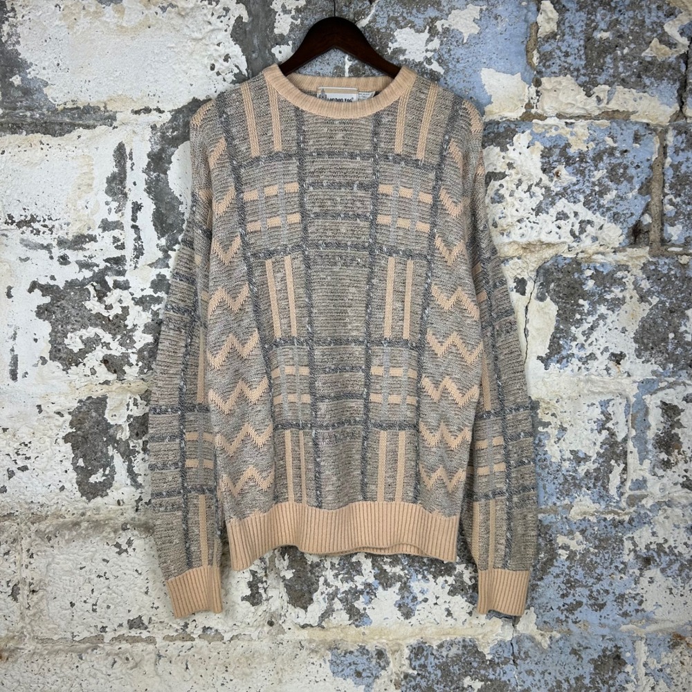 Vintage London Fog Geometric Knit Sweater Tan USA Made Mens L-Tall